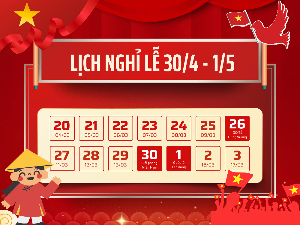 Năm 2026 kỳ nghỉ 30/4 và 1/5 liền kề với Giỗ Tổ Hùng Vương